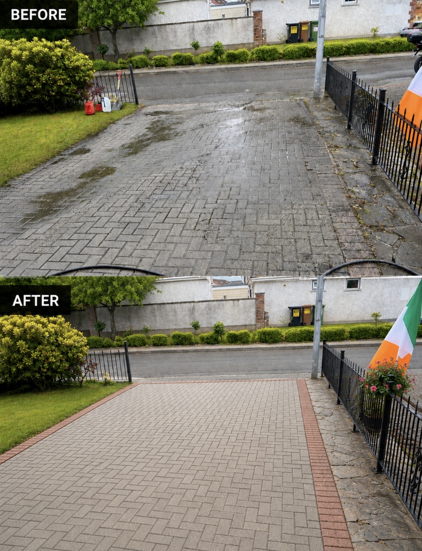 Block paving driveway before and after pressure washing in Co. Tipperary